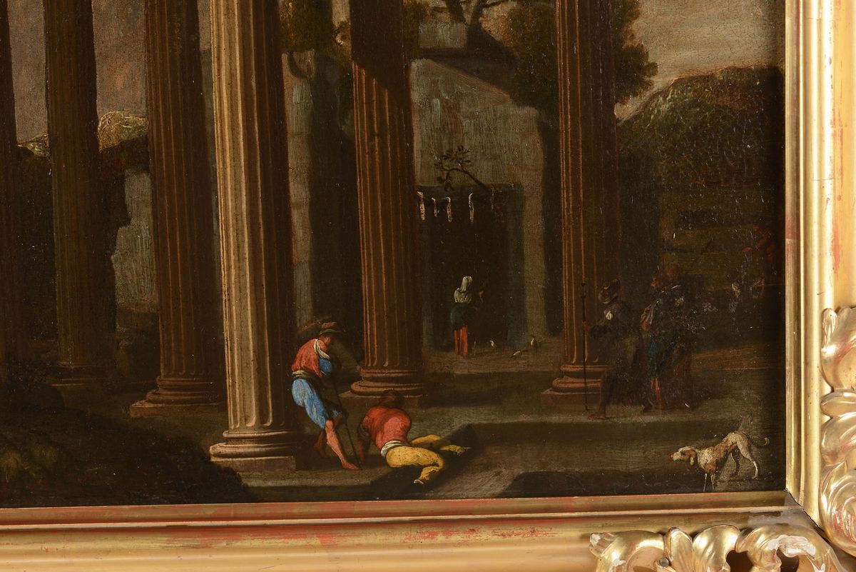Pittore Romano del XVII Secolocoppia di Vedute con Architetture Classiche con Figure