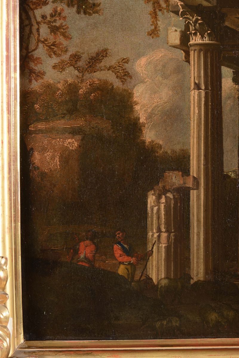 Pittore Romano del XVII Secolocoppia di Vedute con Architetture Classiche con Figure