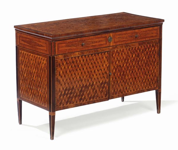 Credenzina lastronata ed intarsiata a motivo geometrico, XIX secolo