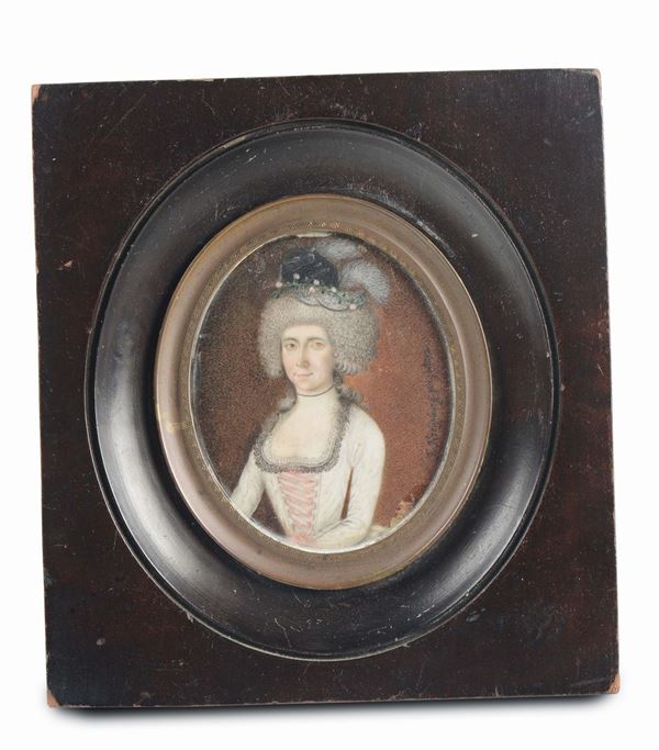 Miniatura su avorio ovale raffigurante nobildonna, F. Kreuzburg (?), XIX secolo