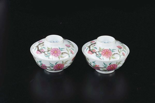 Coppia di coppette con coperchio in porcellana a smalti policromi con decoro di fiori di ciliegio, Cina, Dinastia Qing, XIX secolo