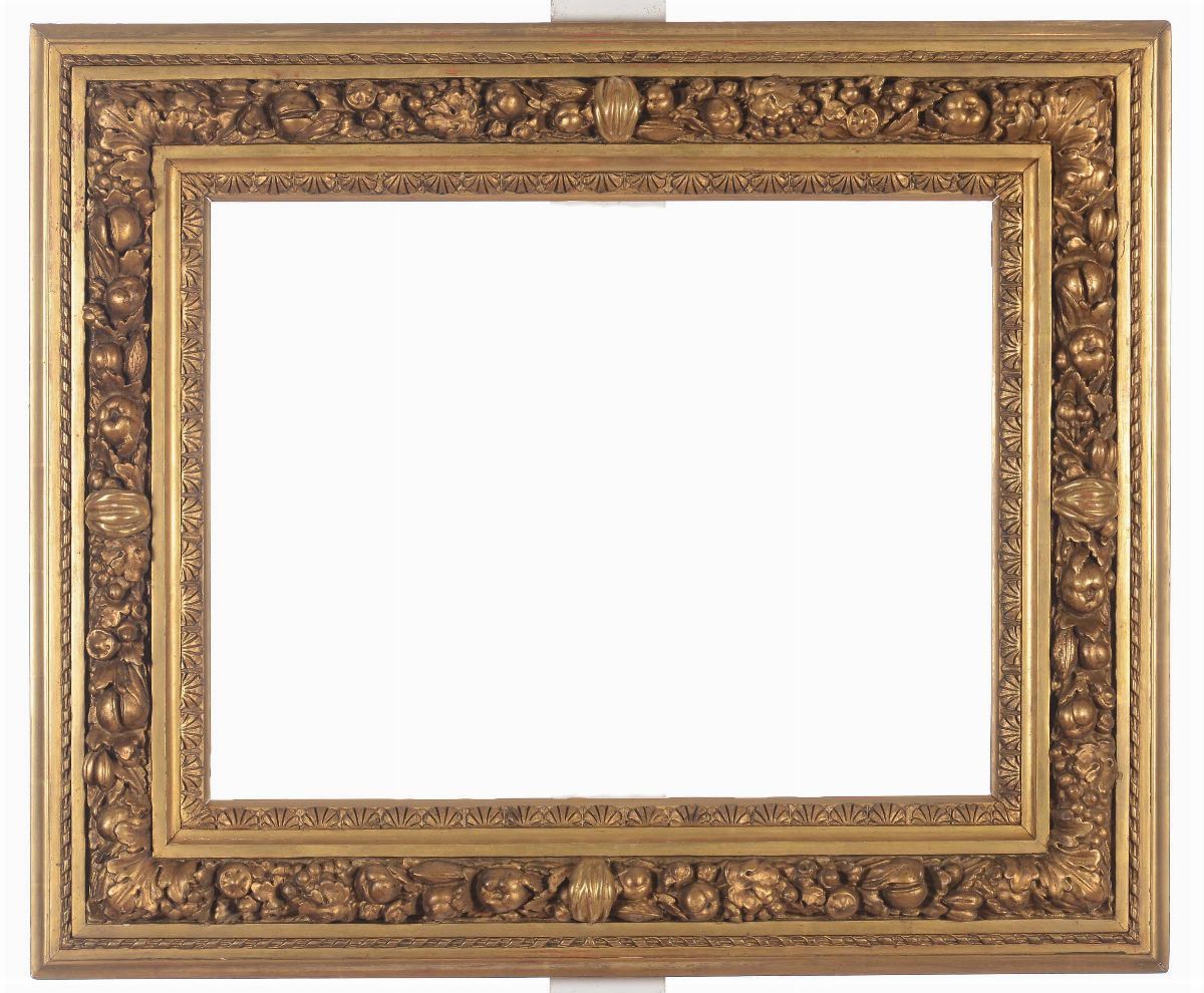 Due Cornici Dorate e Riccamente Decorate con Fasce a Rilievo con Frutta in Stucco, XX Secolo