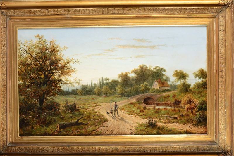 Scuola Inglese del XIX secolo Paeasggio con strada  - Auction Paintings online auction - Cambi Casa d'Aste