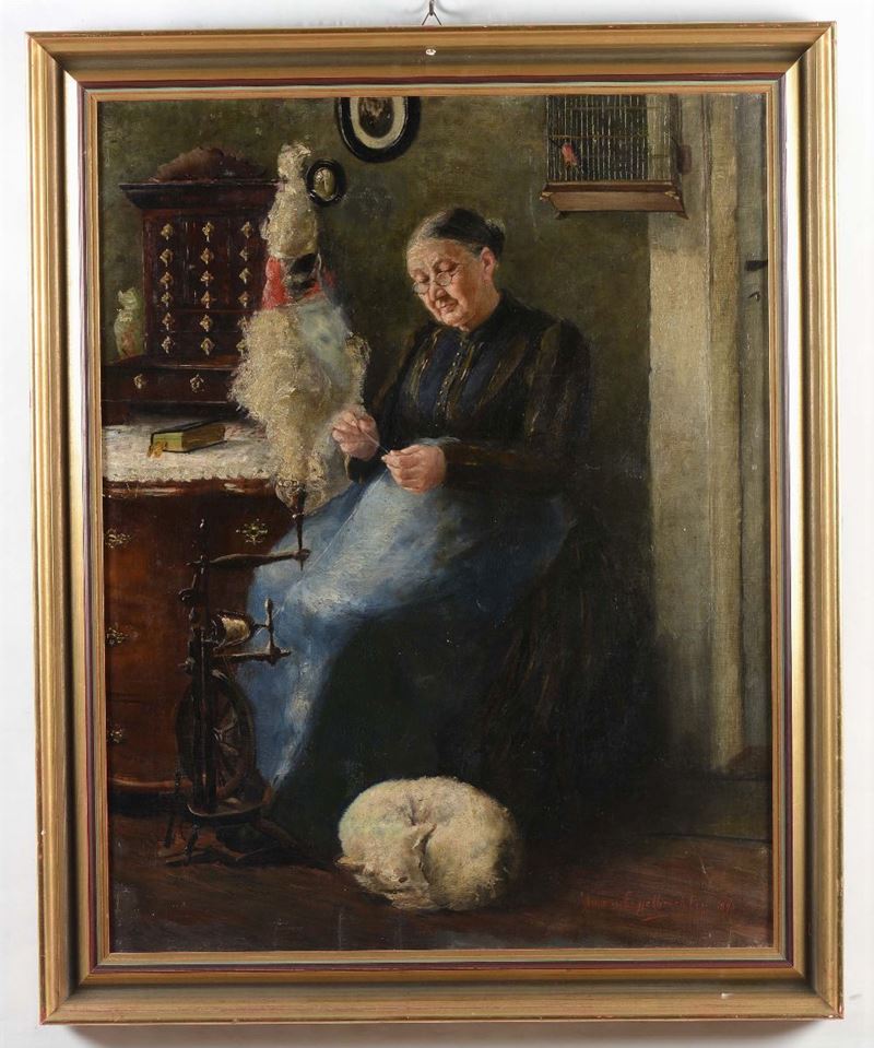 Pavel Michael Engelmann : A. Engelbrechten (XIX secolo) Donna che fila, 1893  - Asta Asta a Tempo Pittura - Cambi Casa d'Aste