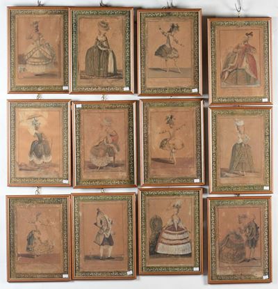 Lotto di Dodici Stampe Raffiguranti Figure Settecentesche, XIX Secolo