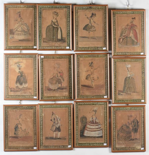 Lotto di dodici stampe raffiguranti figure settecentesche, XIX secolo
