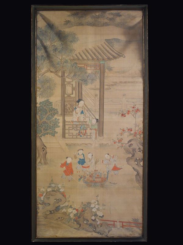 Dipinto su seta raffigurante fanciulli che giocano e Guanyin, Cina, Dinastia Qing, XVIII secolo