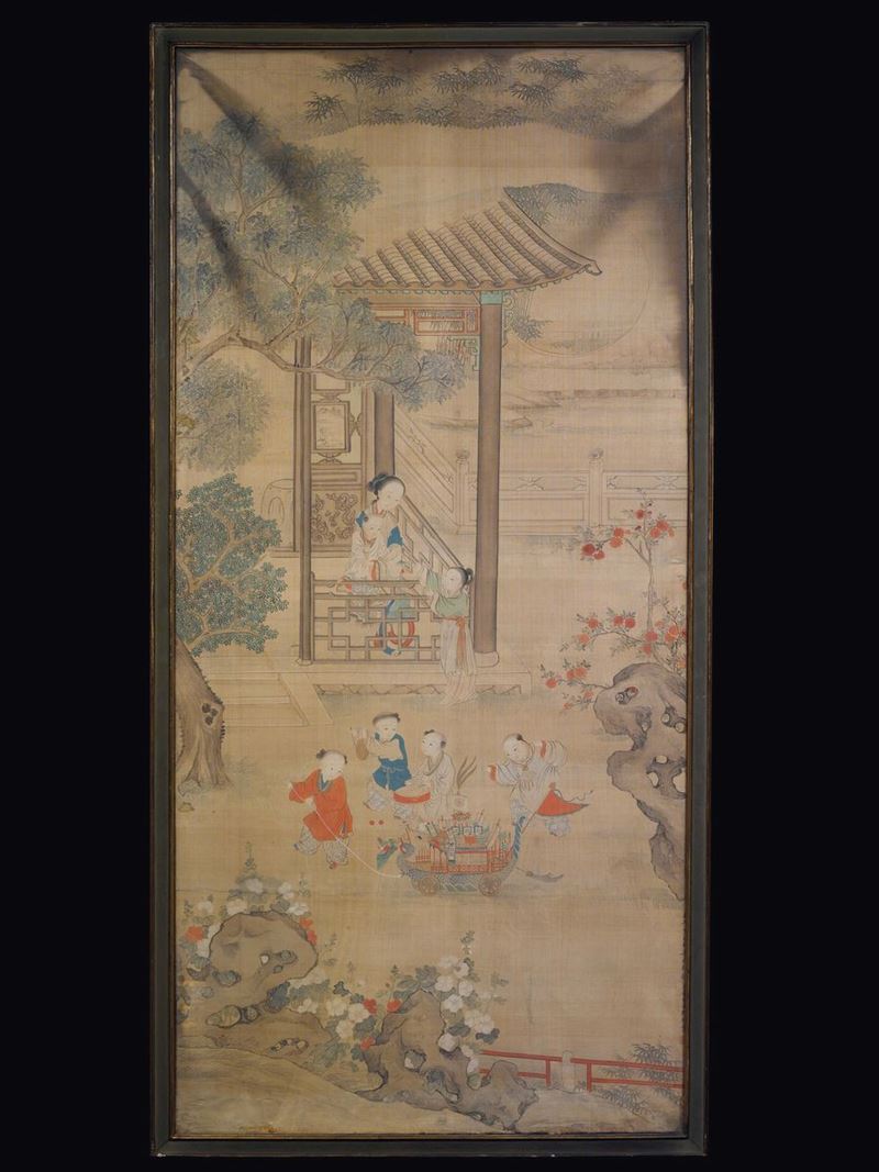 Dipinto su seta raffigurante fanciulli che giocano e Guanyin, Cina, Dinastia Qing, XVIII secolo  - Asta Fine Chinese Works of Art - Cambi Casa d'Aste