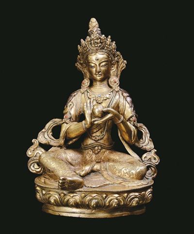 Figura di Amitaya in Bronzo Dorato Seduta su Fiore di Loto, Cina, XX Secolo