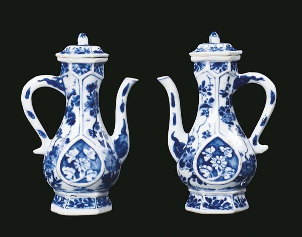 Coppia di piccole teiere in porcellana bianca e blu con decoro vegetale, Cina, Dinastia Qing, Periodo Kangxi (1662-1722)