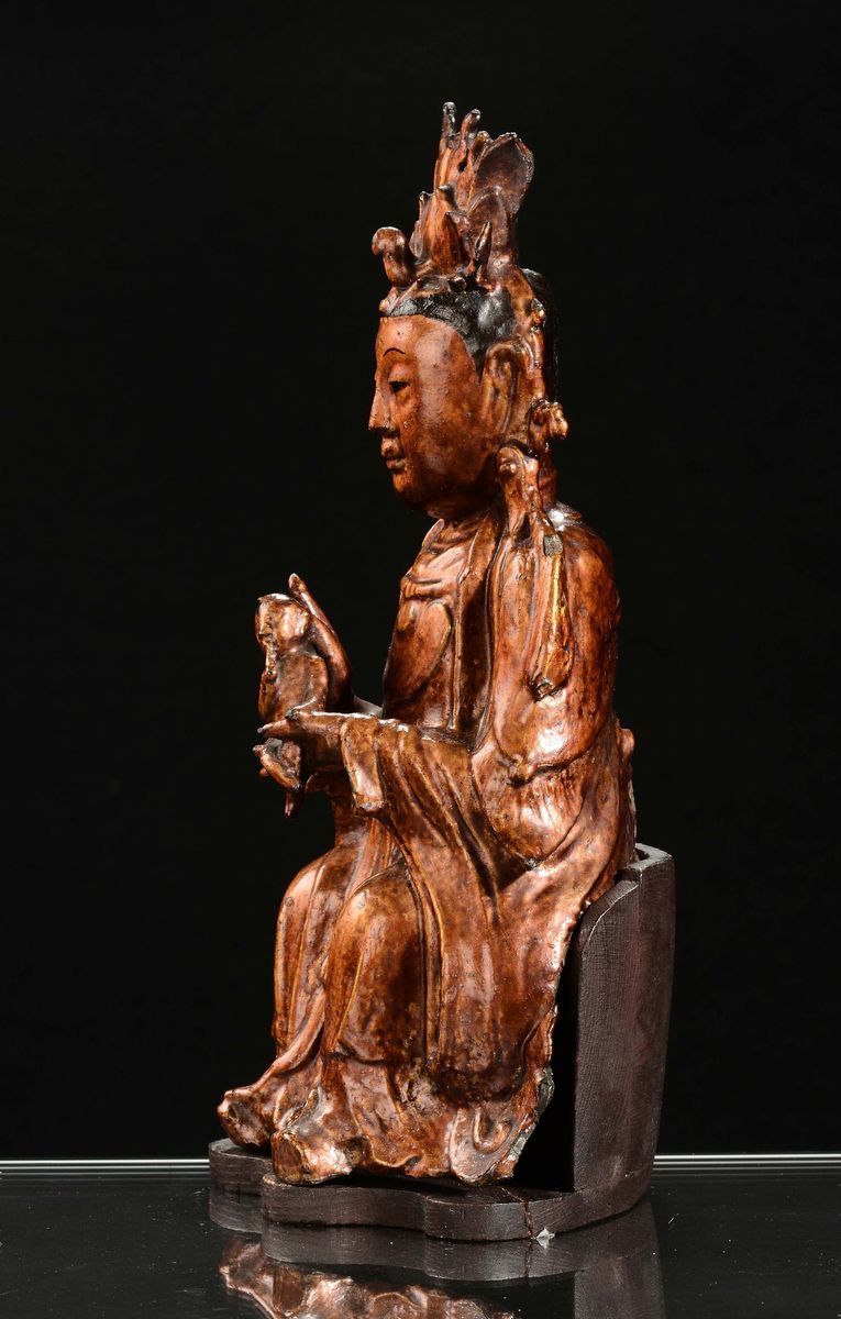 Figura in Bronzo Raffigurante Guanyin con Bambino, Cina, Dinastia Ming, XVII Secolo