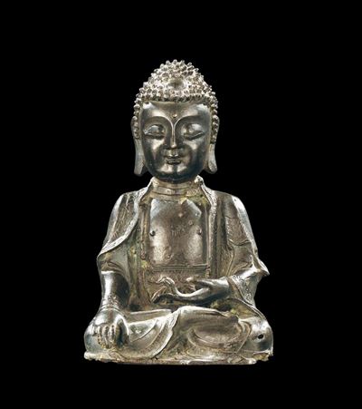 Figura di Buddha Seduto in Bronzo a Patina Scura, Cina, Dinastia Qing, XIX Secolo