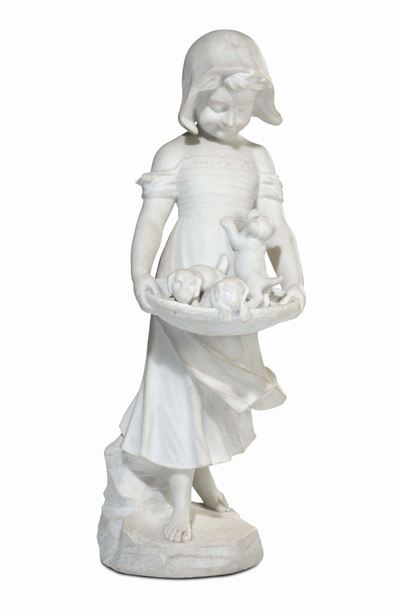 Scultura in Marmo Bianco Raffigurante Bimba con Cagnolini, XIX-XX Secolo