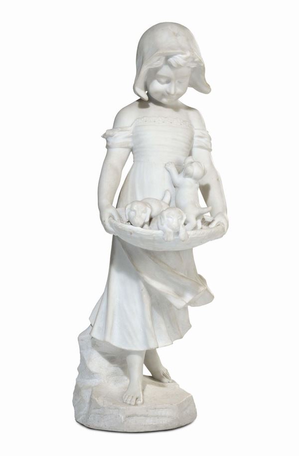Scultura in marmo bianco raffigurante bimba con cagnolini, XIX-XX secolo