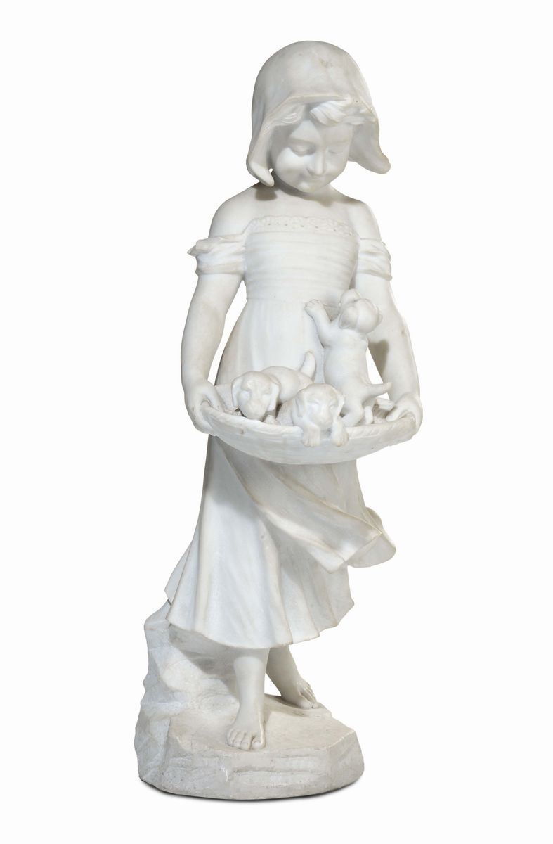 Scultura in marmo bianco raffigurante bimba con cagnolini, XIX-XX secolo  - Auction Fine Art - Cambi Casa d'Aste