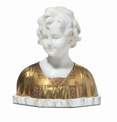 Busto in Marmo Bianco e Bronzo Dorato, XX Secolo
