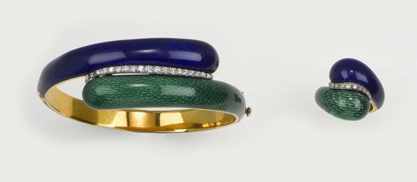Enamel, diamond and gold demi-parure comprising a bangle and a ring, Lunati