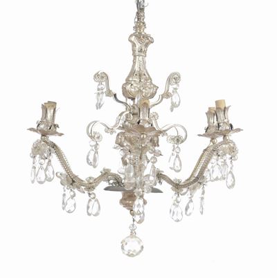 Lampadario a Sei Bracci in Cristallo e Legno Argentato, XX Secolo