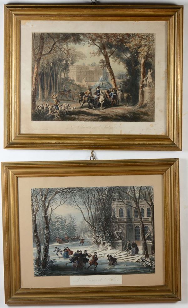 Quattro stampe colorate in cornice dorata, XIX secolo