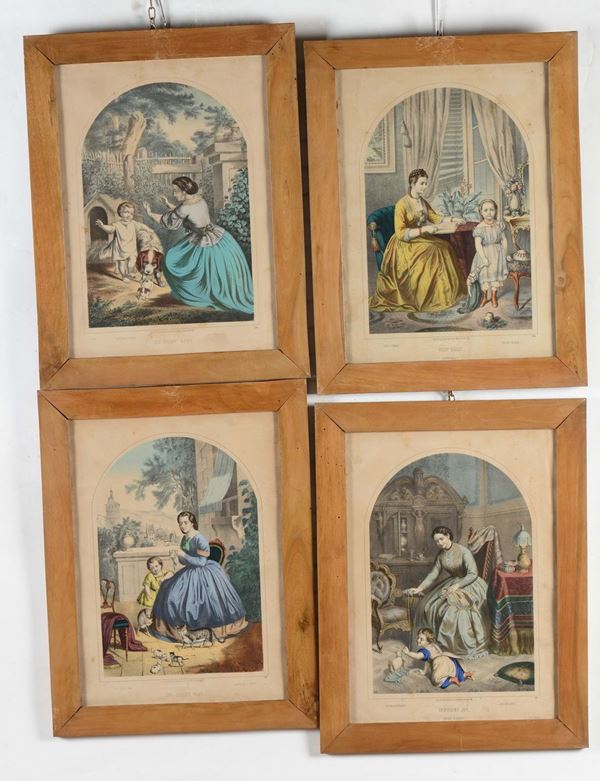 Quattro stampe inglesi colorate con cornici in legno messello più due diverse