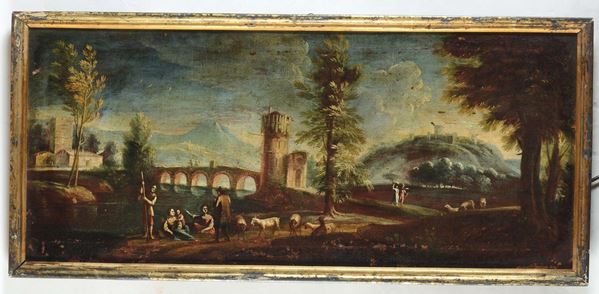 Scuola del XVIII secolo Coppia di paesaggi con scena costiera e paesaggio campestre