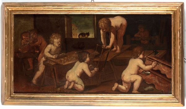 Scuola Italiana del XVII secolo La bottega del maniscalco La bottega del falegname