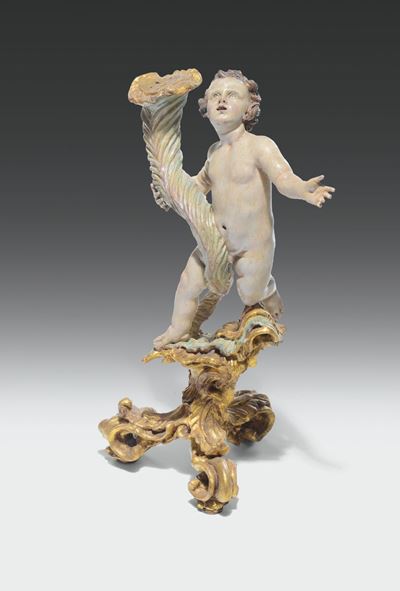 Putto Reggi Torcia in Legno Scolpito, Dipinto e Dorato, Scultore Tardo-barocco, Austria o Germani...