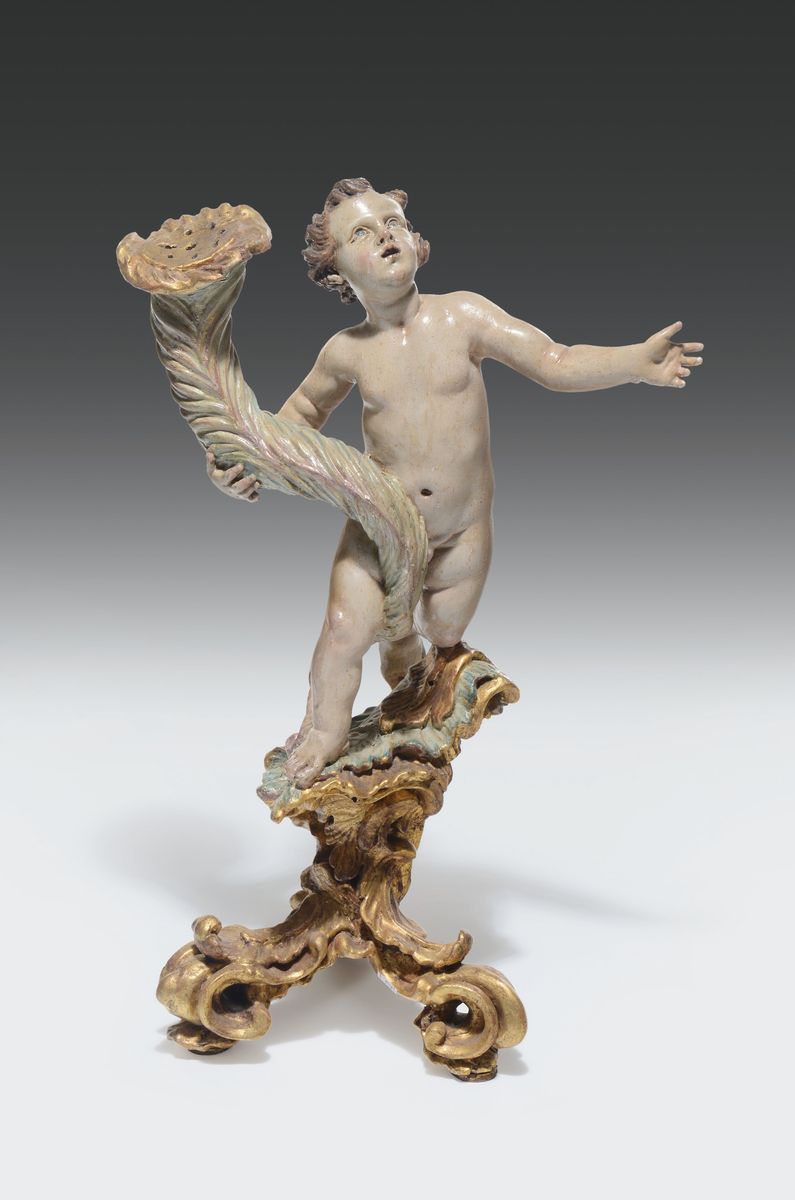 Putto Reggi Torcia in Legno Scolpito, Dipinto e Dorato, Scultore Tardo-barocco, Austria o Germani...