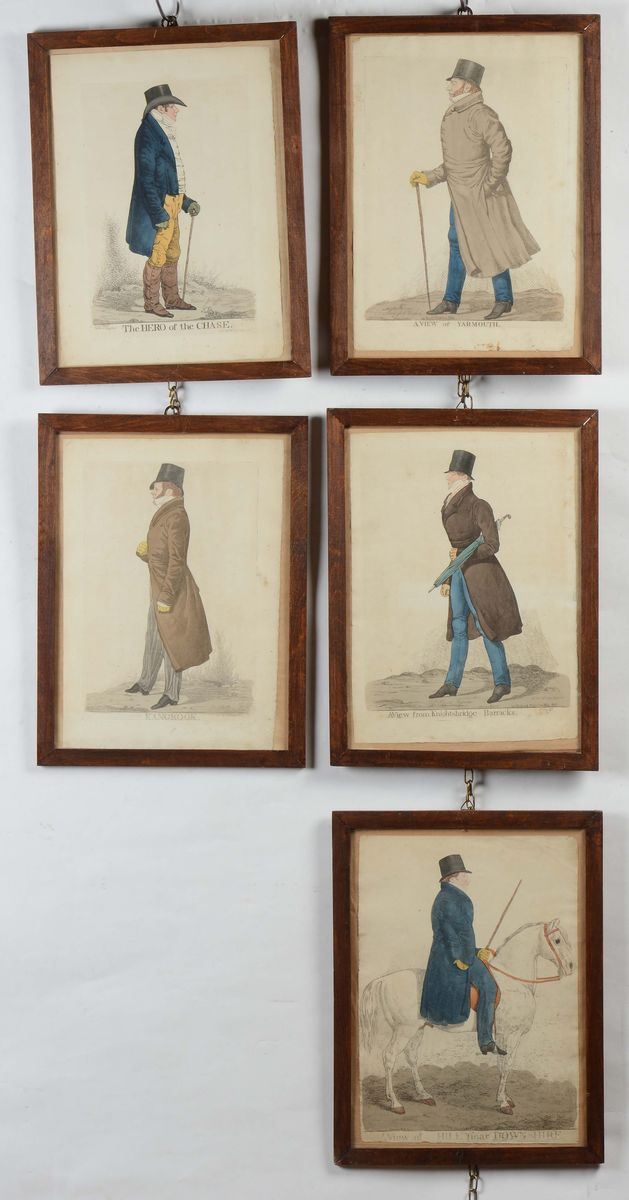 Cinque stampe con personaggi, Inghilterra inizio XIX secolo  - Asta Antiquariato - Cambi Casa d'Aste
