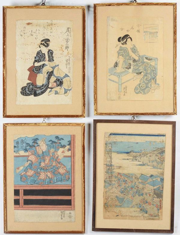 Quattro dipinti su carta raffiguranti personaggi ed iscrizioni, Giappone, fine XIX secolo