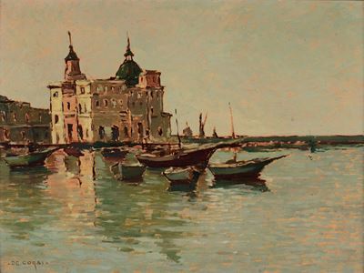 Nicola De Corsi (1882-1956)paesaggio con Barche
