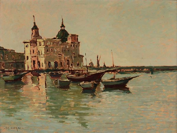 Nicola De Corsi (1882-1956) Paesaggio con barche