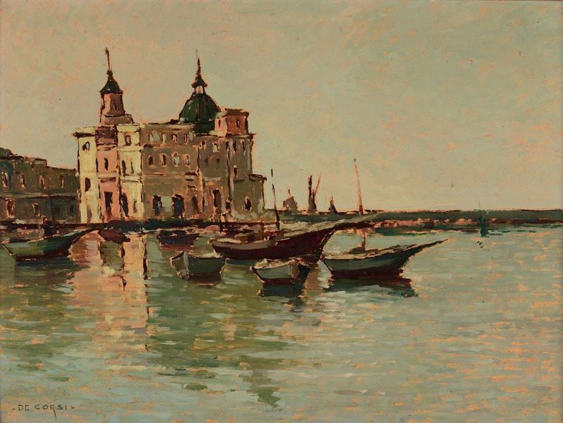 Nicola De Corsi (1882-1956) Paesaggio con barche  - Asta Dipinti del XIX e XX secolo - Cambi Casa d'Aste
