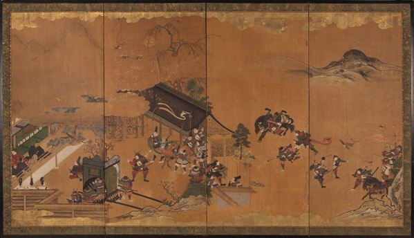 Dipinto su carta a quattro pannelli raffigurante scena di battaglia, Giappone, XVIII secolo