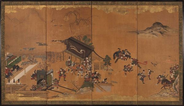 A painting on paper depicting battle scenes, Japan, 18th century