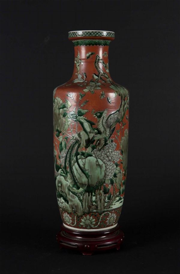 An orange-ground porcelain vase with branches and birds of paradise, China, Qing Dynasty, 19th century