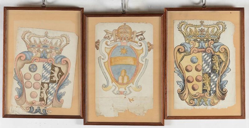 Tre stemmi nobiliari su carta incorniciati, XVIII secolo  - Auction Asta a Tempo Antiquariato - Cambi Casa d'Aste