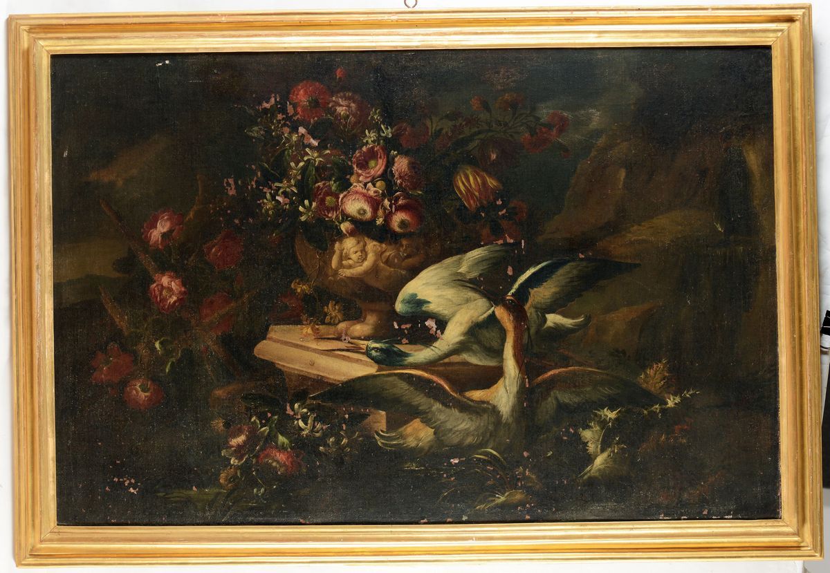 Scuola Romana del XVIII Secolonature Morte con Fiori, Anatre e Oche
