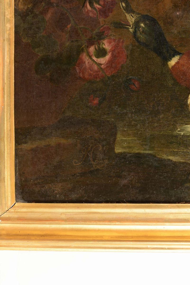 Scuola Romana del XVIII Secolonature Morte con Fiori, Anatre e Oche