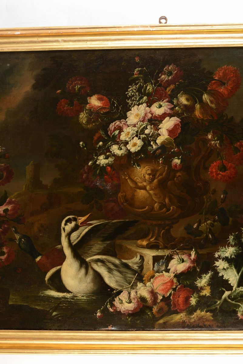 Scuola Romana del XVIII Secolonature Morte con Fiori, Anatre e Oche