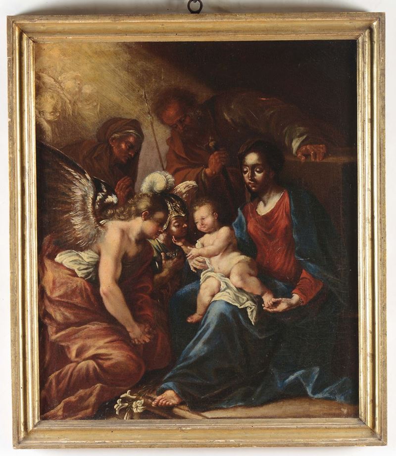 Scuola napoletana del XVII secolo Sacra famiglia con angeli  - Asta Antiquariato - Cambi Casa d'Aste