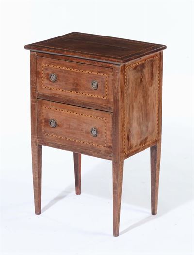 Comodino in Legno Lastronato ed Intarsiato a Due Cassetti, XVIII-XIX Secolo