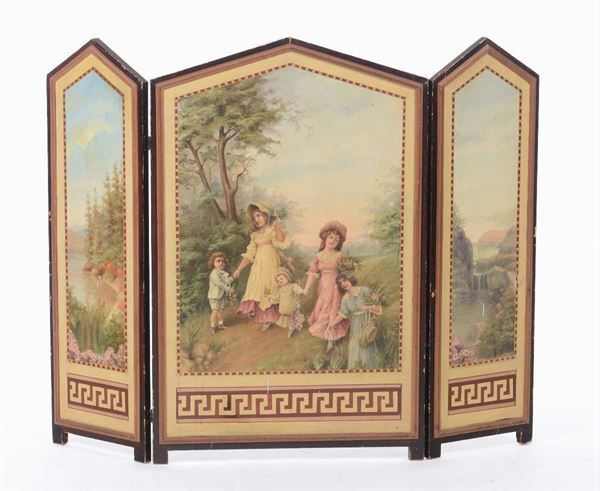 Parafuoco a tre ante con dipinti fanciulli e paesaggio montano, XIX secolo