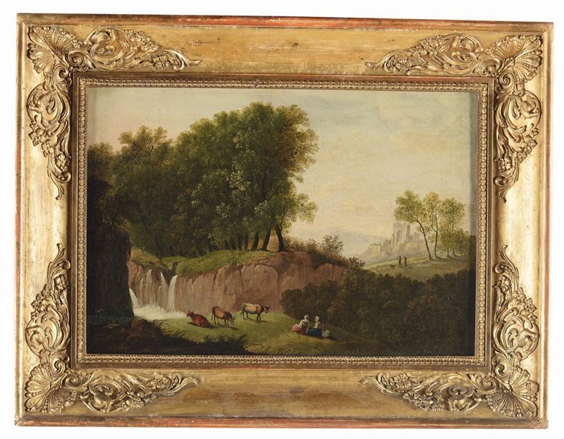 Scuola dell’inizio del XIX secolo Paesaggio con figure e armenti  - Asta Antiquariato - Cambi Casa d'Aste