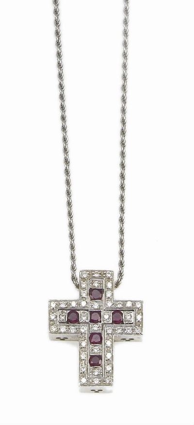 Damiani. Pendente Croce con Diamanti e Rubini