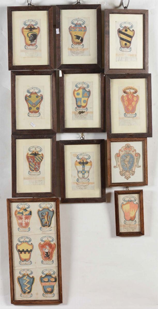 Insieme di acquerelli policromi raffiguranti stemmi, XVIII secolo  - Auction Asta a Tempo Antiquariato - Cambi Casa d'Aste