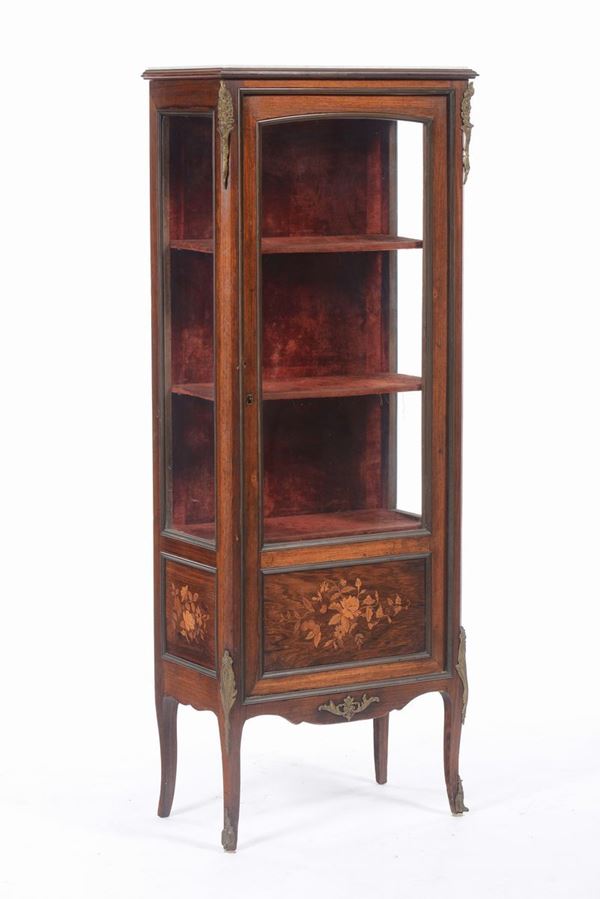 Vetrina in legno naturale ad un’anta con intarsi, XIX secolo