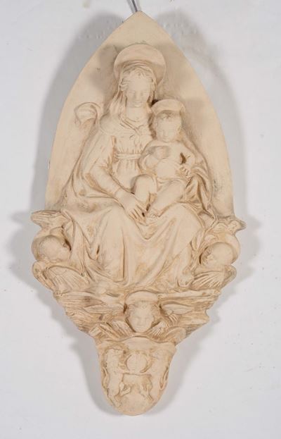 Placca in Terracotta Raffigurante Madonna in Trono con Bambino, Manifattura di Signa XX Secolo