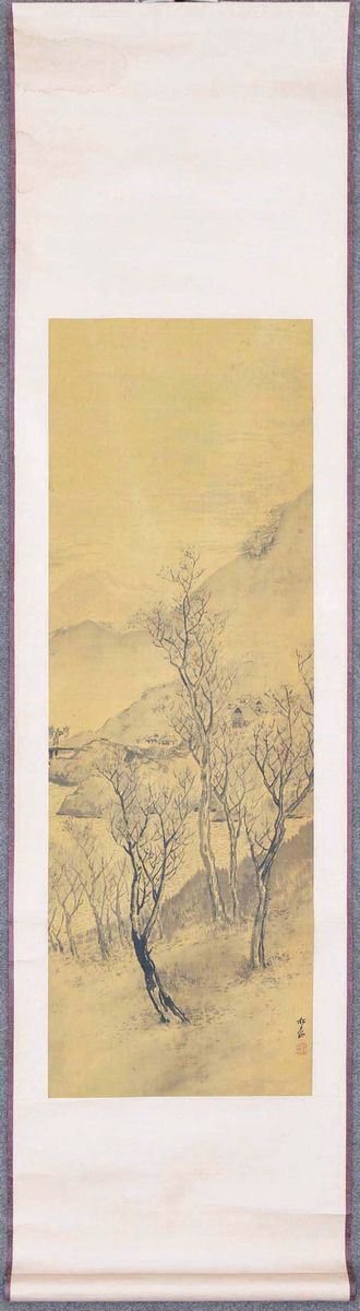 Dipinto su carta raffigurante paesaggio montano con iscrizione, Cina, XX secolo