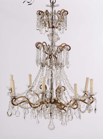 Lampadario Ad Otto Luci in Metallo e Cristalli, XIX-XX Secolo
